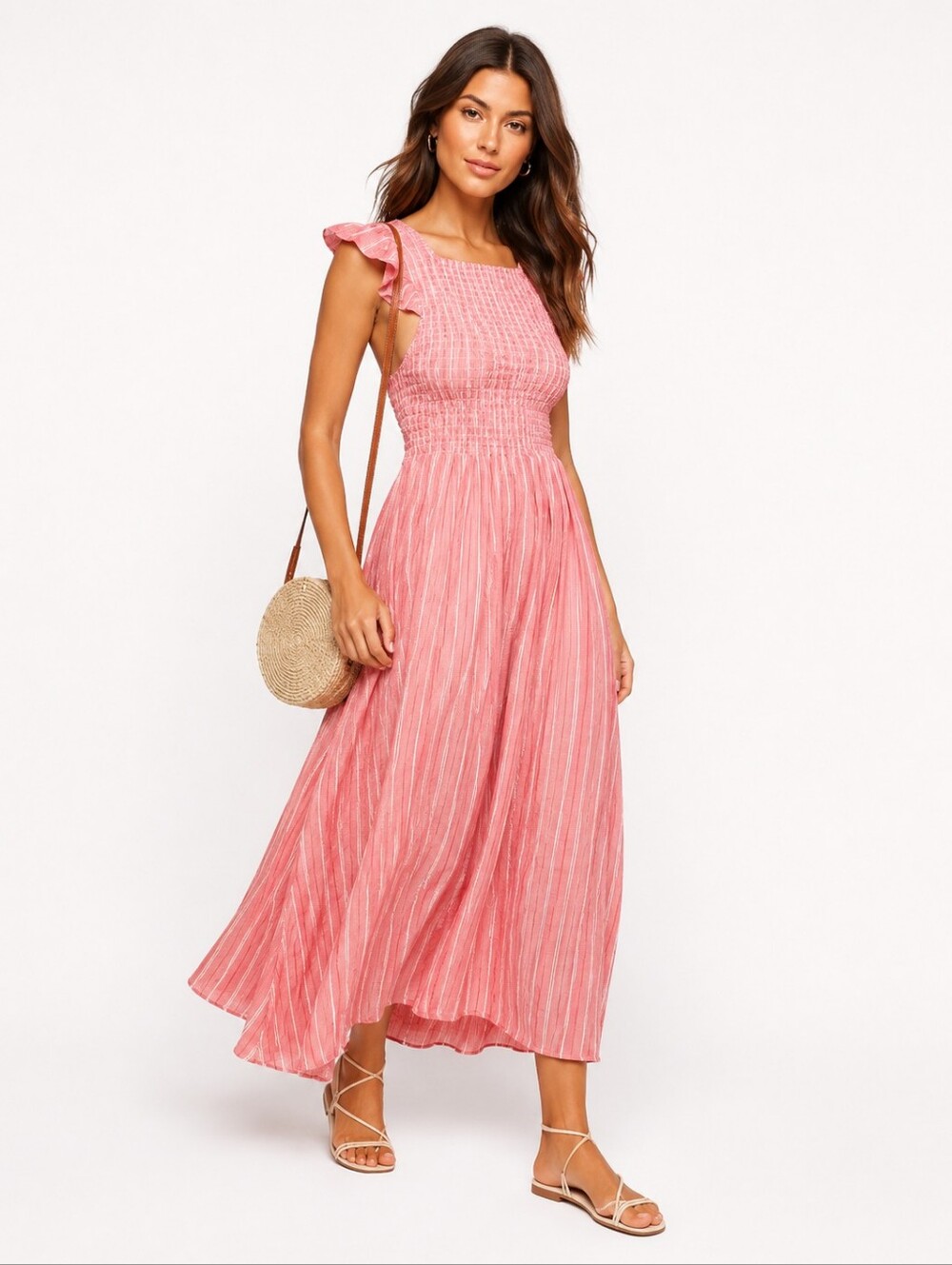 Free People Smocket Striped Ruffle Sleeves Maxi Dress Size S